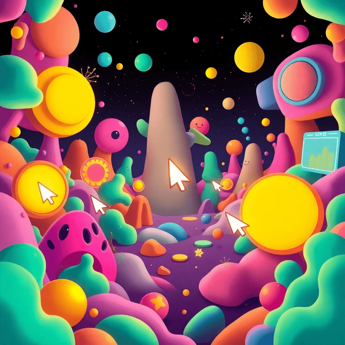 Weird Websites - A vibrant surreal digital landscape with whimsical shapes and glowing cursor icons