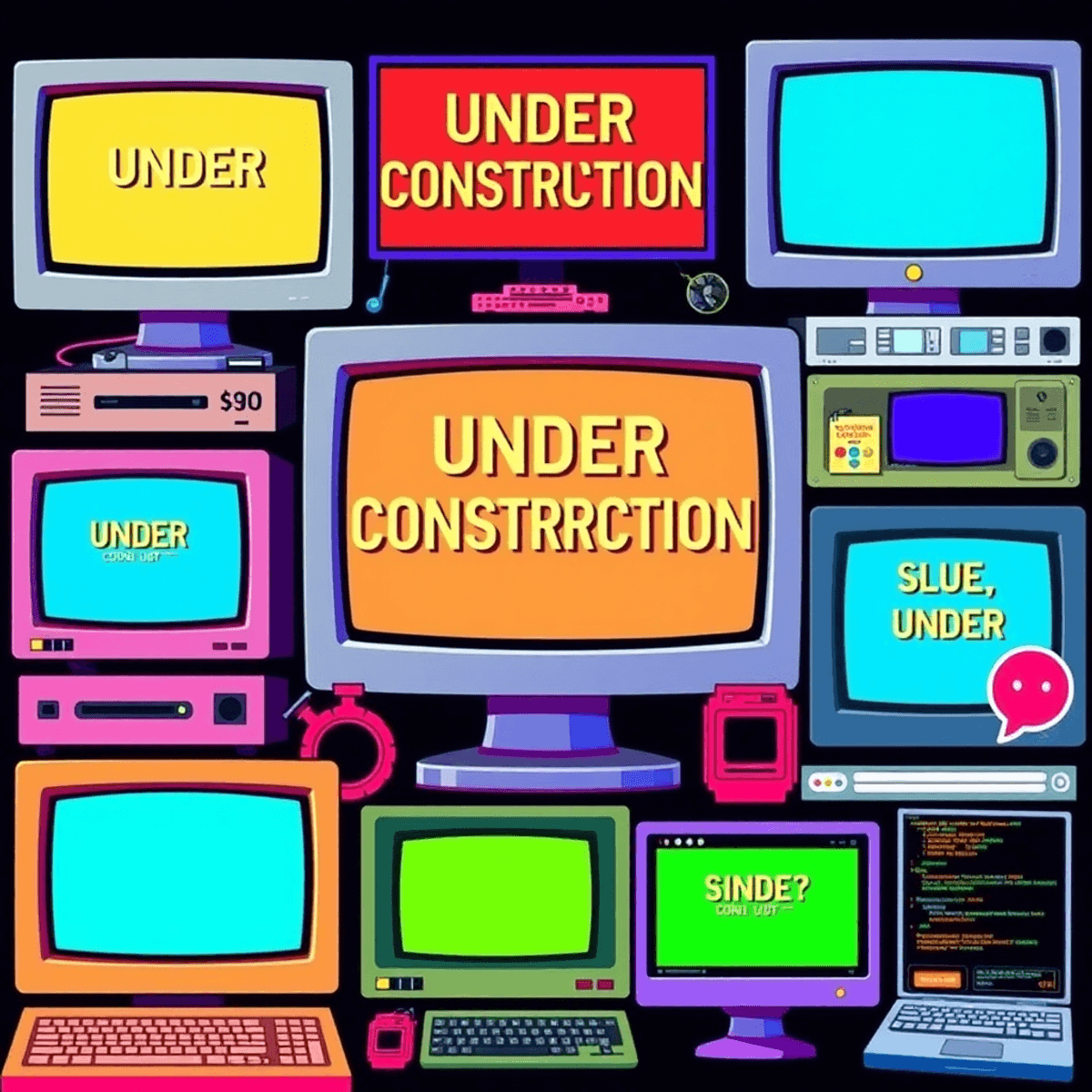 Abandoned Social Media Sites - Collage of early 2000s internet elements with pixelated Under Construction