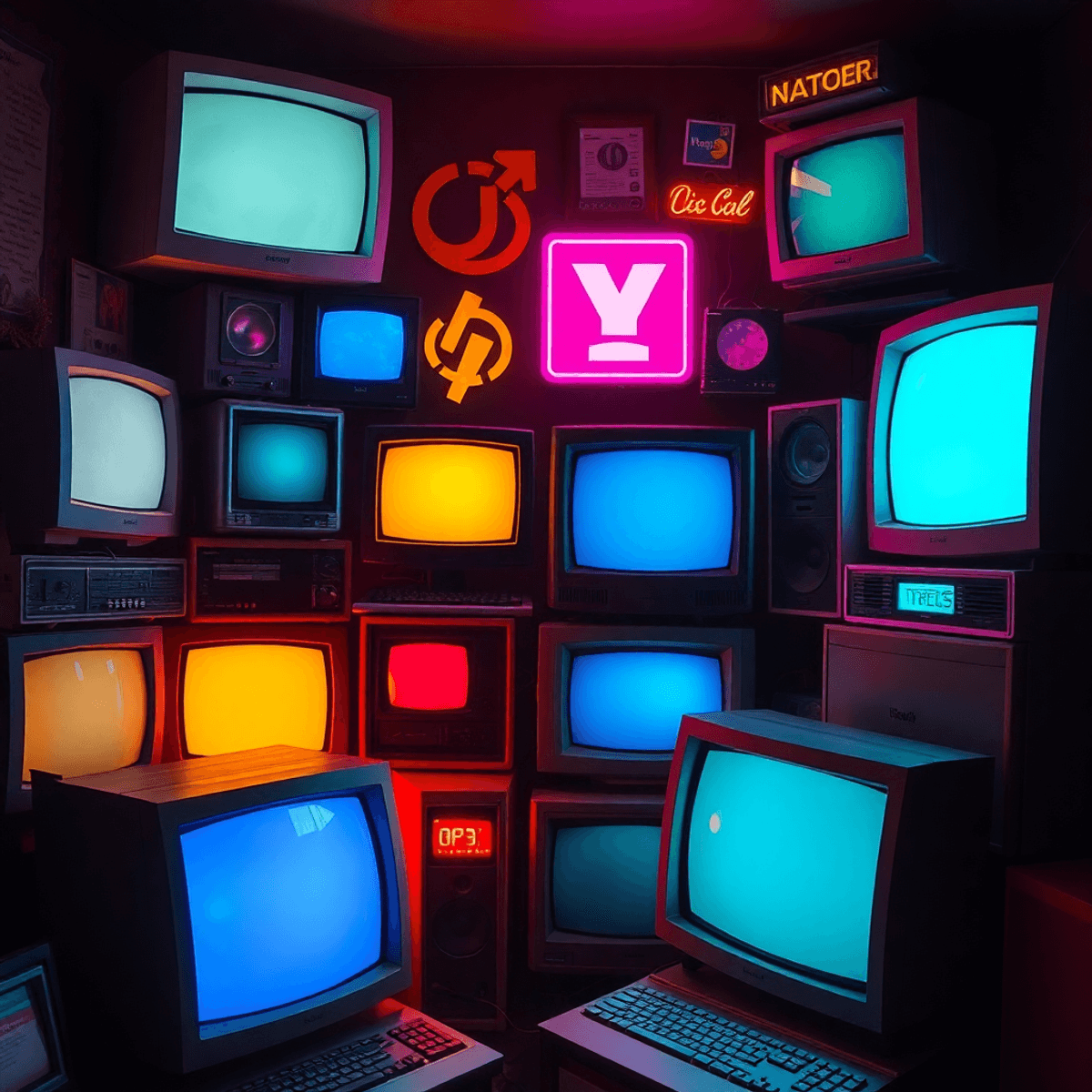 Weird Online Communities - Collage of vintage computer screens and retro internet icons glowing softly in a dark room