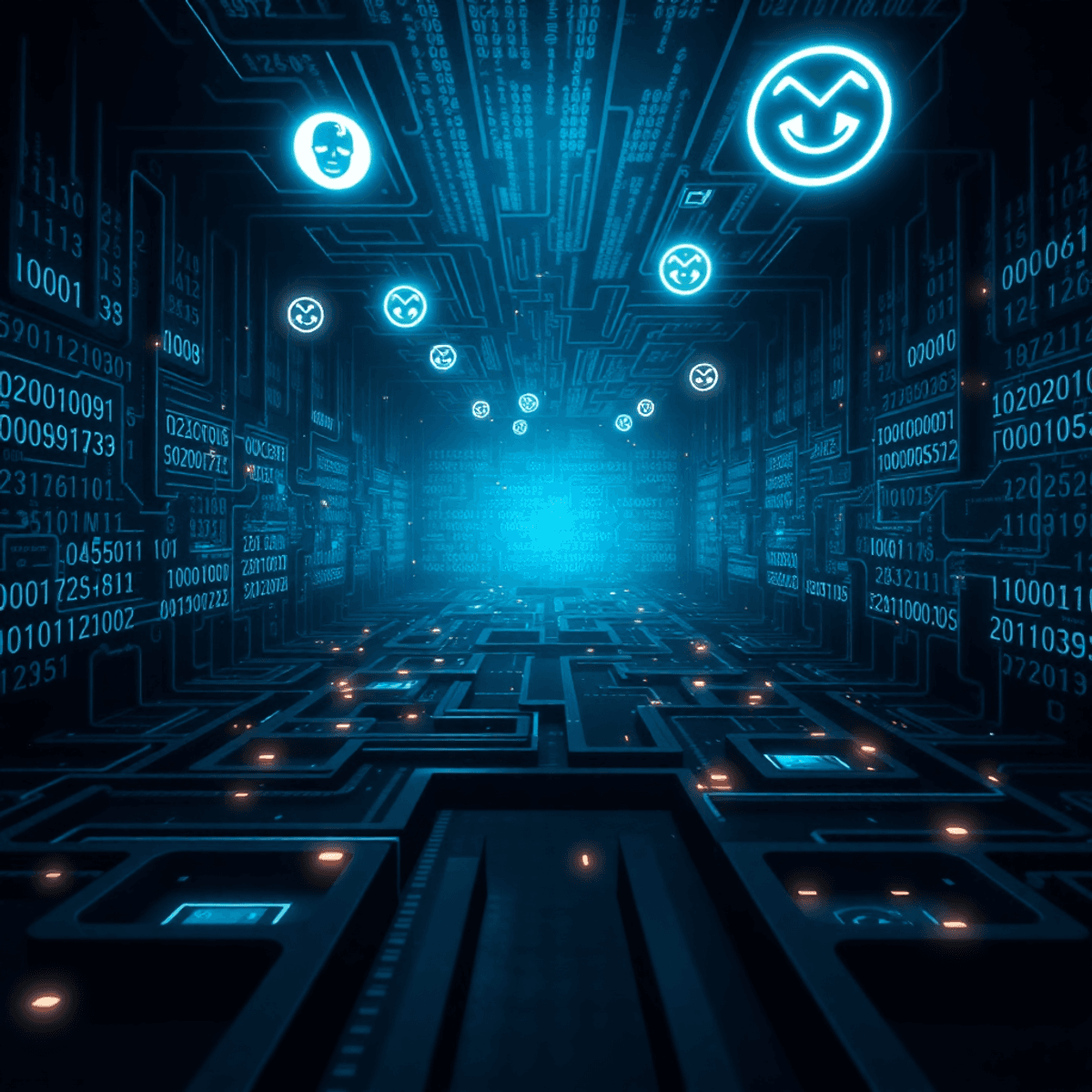 Internet Mysteries - Dark digital labyrinth with glowing encrypted codes and cryptic symbols floating