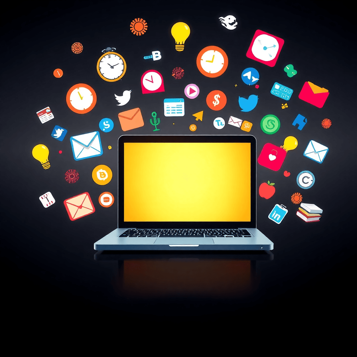 Hidden Websites - Glowing laptop surrounded by floating quirky website icons and productivity symbols