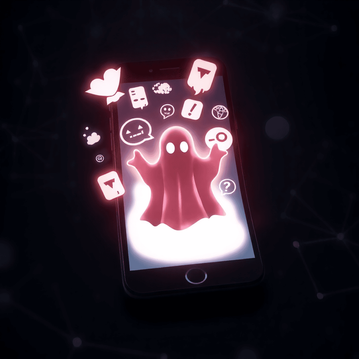 Internet Urban Legends - Glowing smartphone screen with ghostly icons floating around