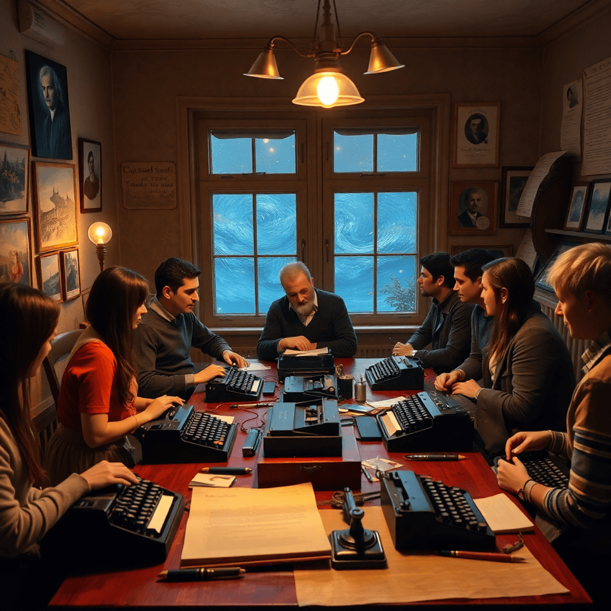Weird Internet Groups - People chatting around vintage typewriters in a cozy room with warm lighting