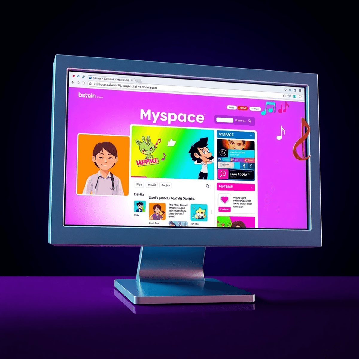 What Happened to Myspace - Retro computer screen showing a colorful, customized MySpace profile