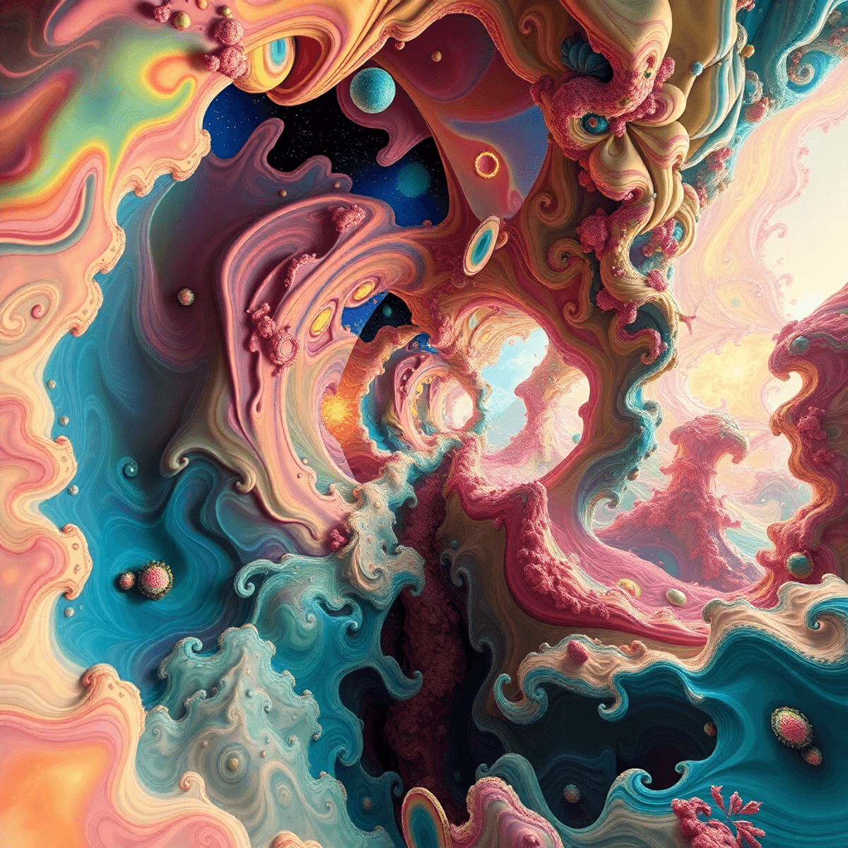 A vibrant surreal infinite zoom digital artwork with seamless transitions, fractal patterns, and flowing animations