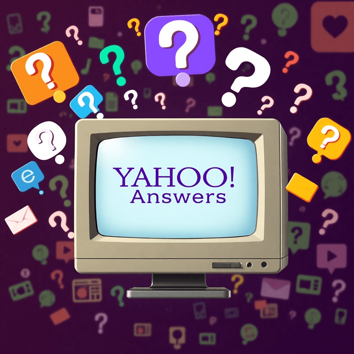 A vintage computer screen with the Yahoo! Answers logo, surrounded by question marks