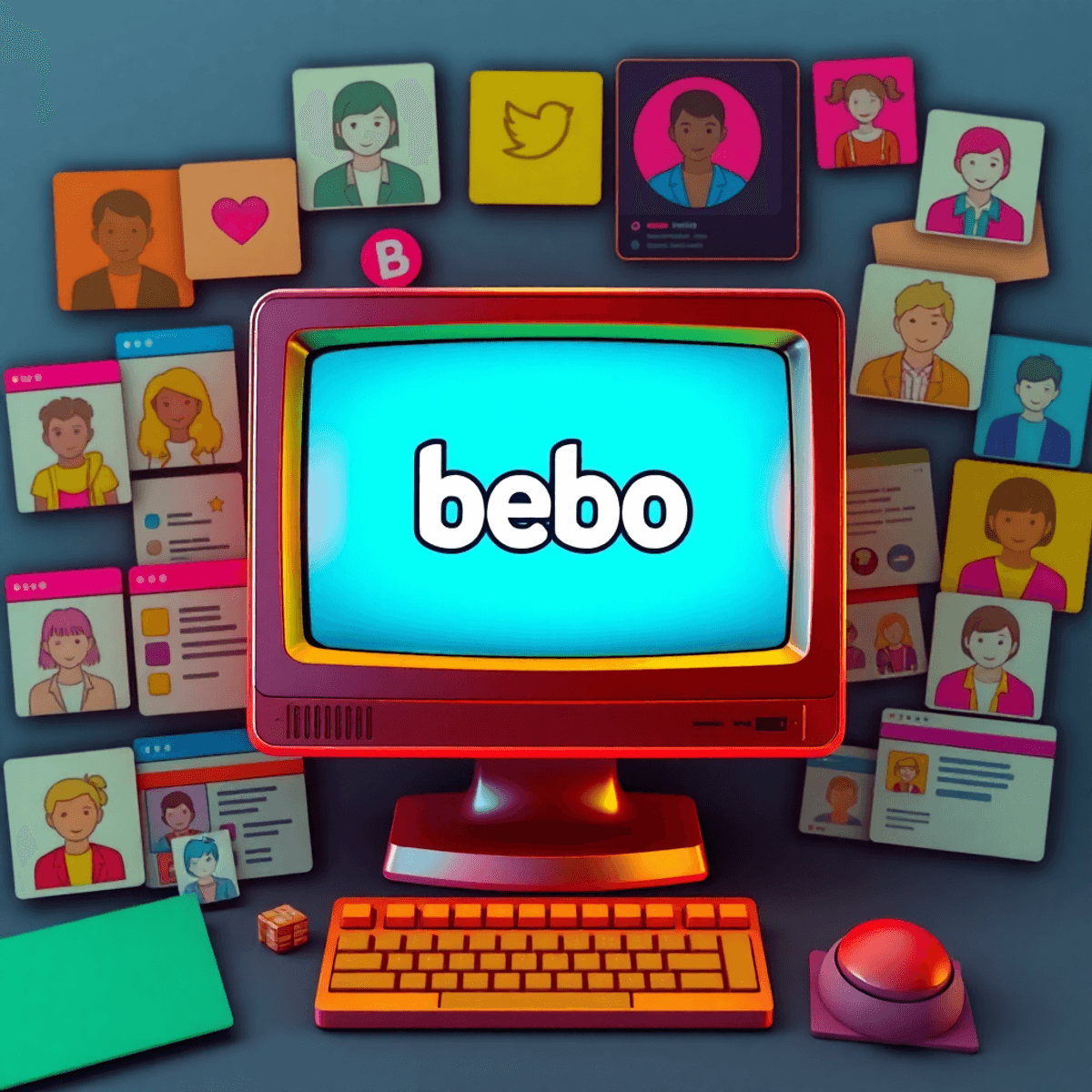 Digital collage of early 2000s social media icons, colorful profiles, and a glowing vintage computer