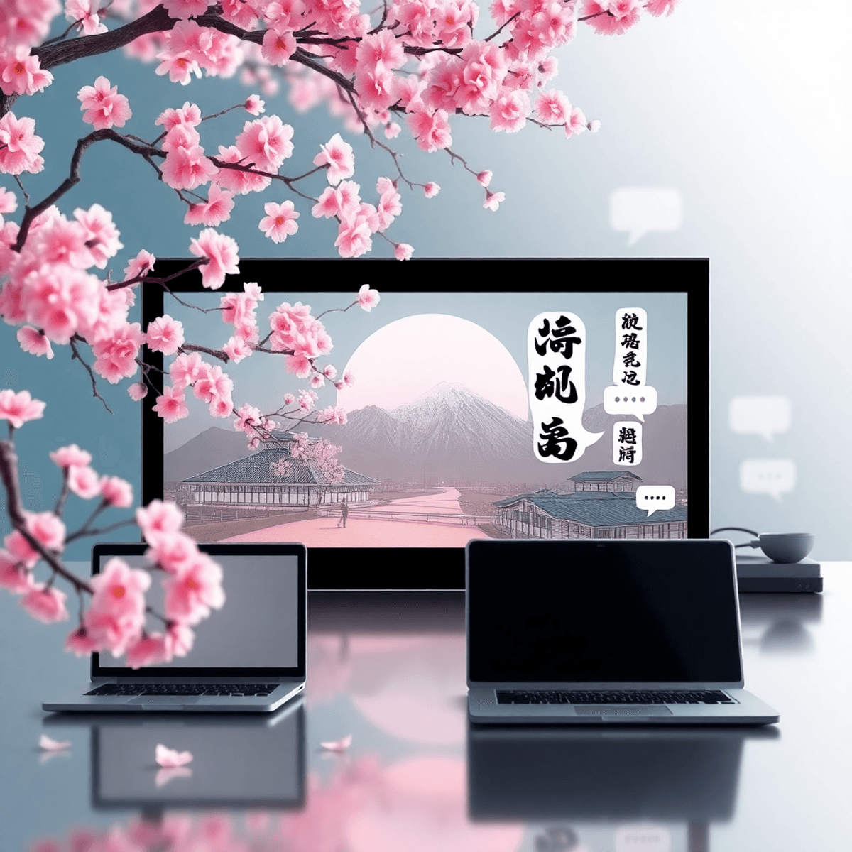 A peaceful scene combining cherry blossoms and calligraphy