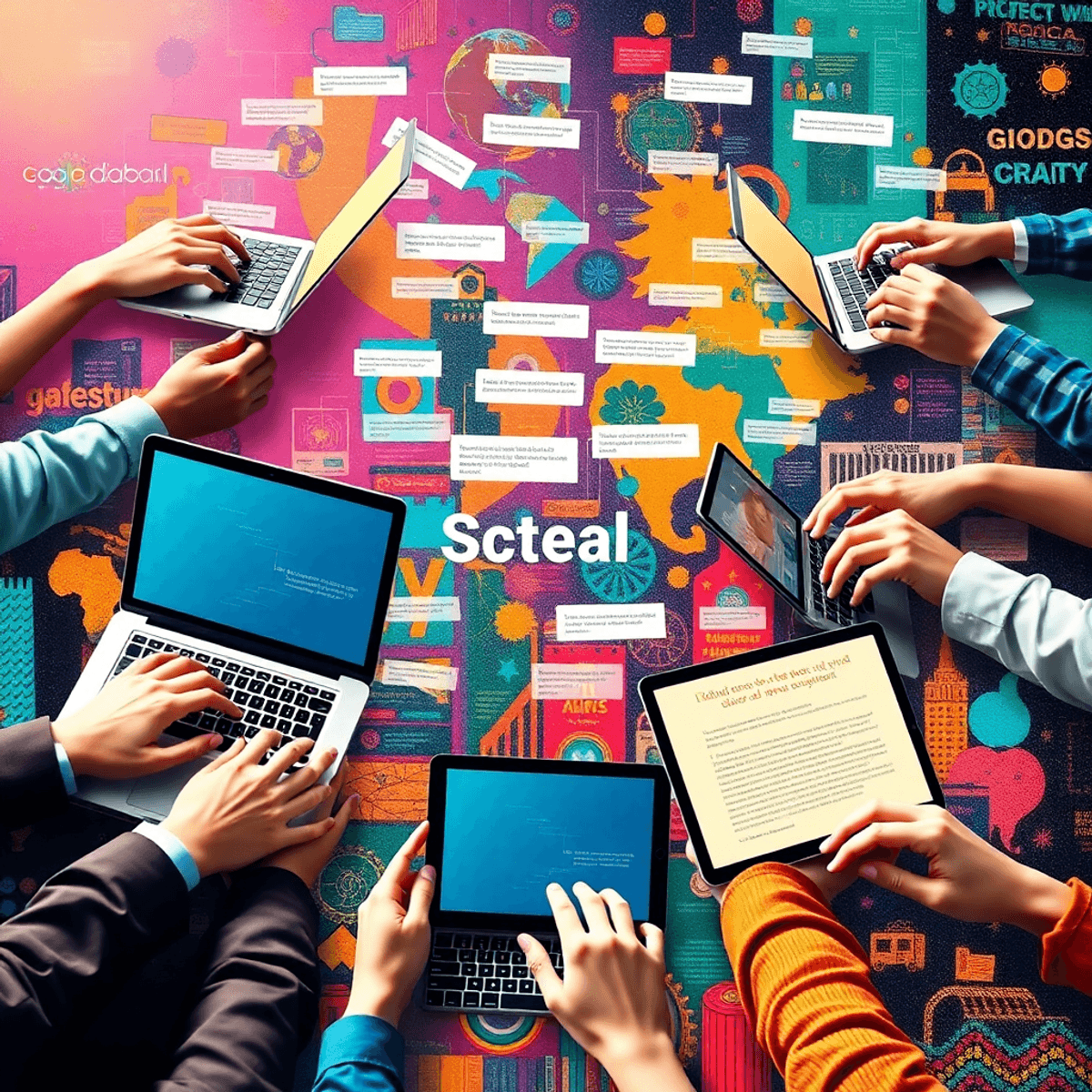 Colorful digital collage of hands typing on laptops and tablets connected by flowing text streams