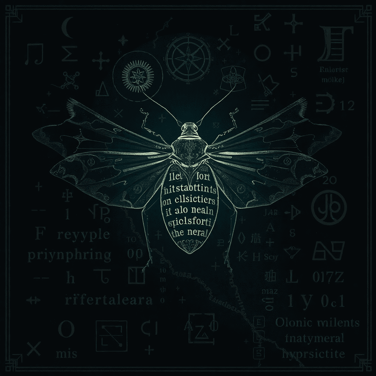 Silhouette of a cicada against a dark background, overlaid with cryptographic symbols, ancient scripts, and digital code
