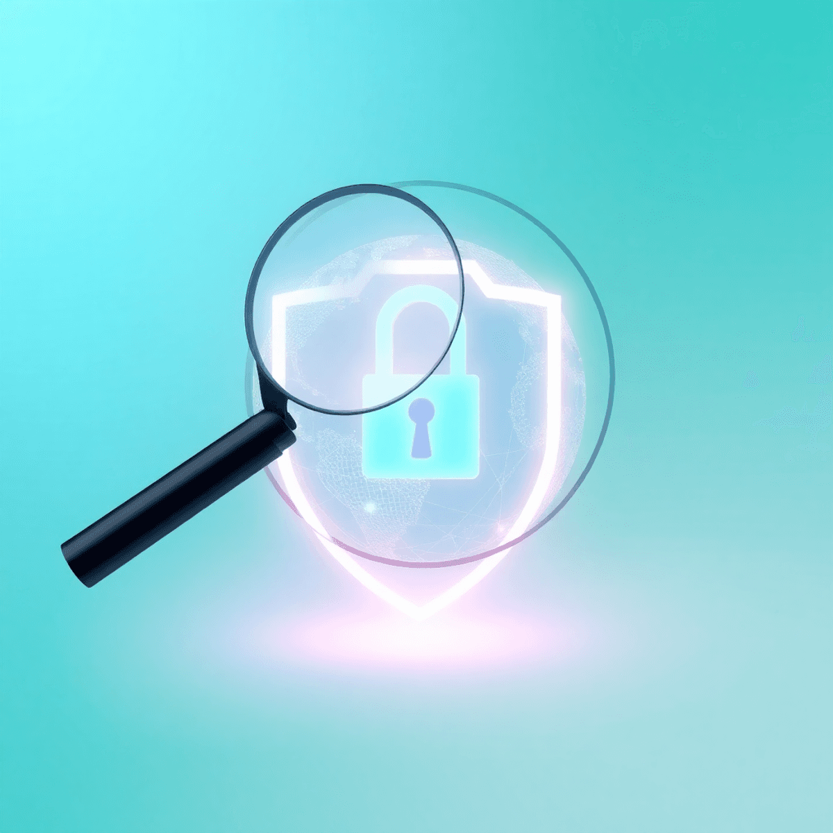 A sleek magnifying glass hovers over a glowing digital globe of interconnected nodes