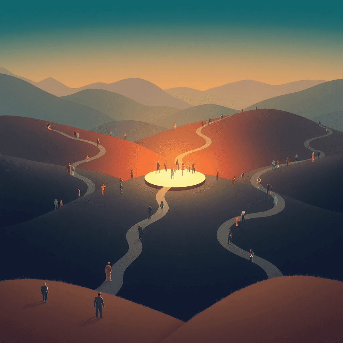 A vibrant digital landscape with colorful abstract figures dispersing from a glowing central platform