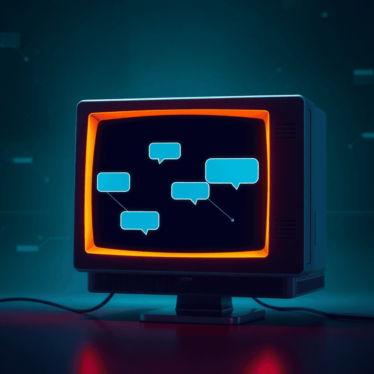 Glowing vintage 1990s computer monitor showing abstract chat bubbles and connection lines on a dark background